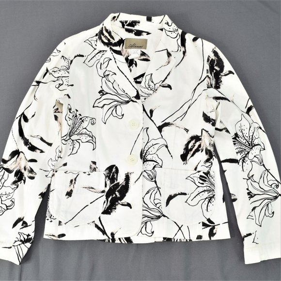 Alanni Lily Floral Stretchy Womens Blaser Jacket Two Button Front Black White 4 - Picture 1 of 15